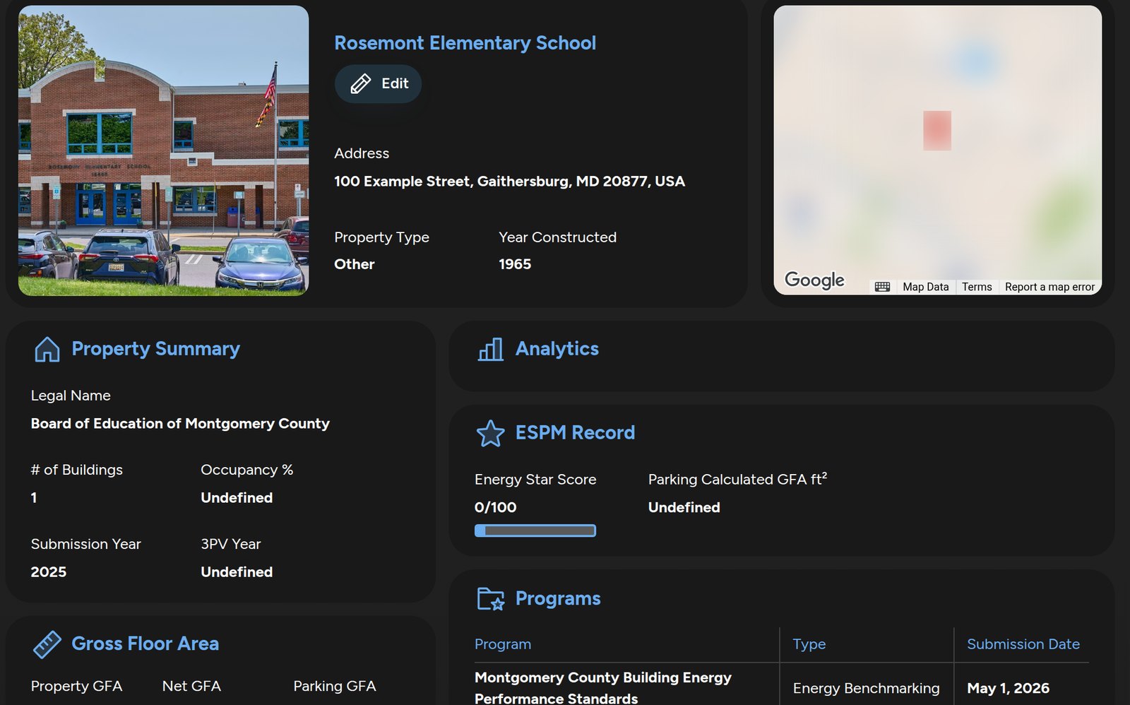 BuiltLedger property overview for a Maryland elementary school demo record